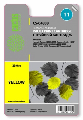 Картридж струйный Cactus CS-C4838 №11 желтый (29мл) для HP BIJ 1000/1100/1200/2200/2300/2600/2800 с чипом