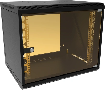 Шкаф коммутационный Suprlan (05-1093-B) настенный 9U 600x450мм пер.дв.стекл направл.под закл.гайки 70кг черный 385мм 19.01кг 500мм металл