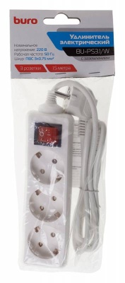 Сетевой удлинитель Buro BU-PS3.1/W 1.5м (3 розетки) белый (пакет ПЭ)