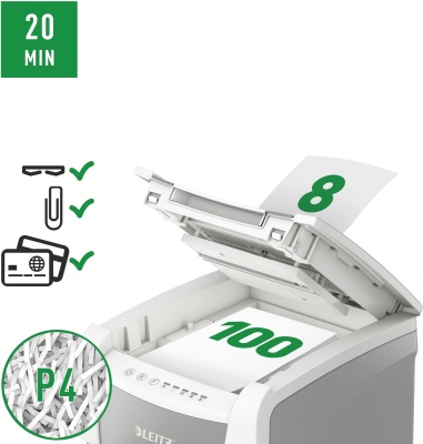 Шредер Leitz IQ Autofeed Small Office 100 P4 белый с автоподачей (секр.P-4) фрагменты 100лист. 34лтр. скрепки скобы пл.карты
