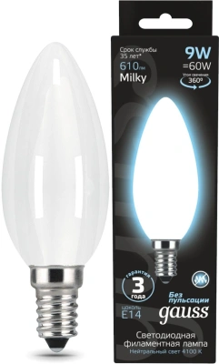 Лампа светодиодная Gauss Filament 103201209 9Вт цок.:E14 свеча 220B св.свеч.бел.нейт. (упак.:10шт)