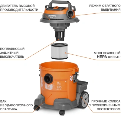 Строительный пылесос Daewoo DAVC 2014 1400Вт (уборка: сухая/влажная/выдув/сбор воды) оранжевый