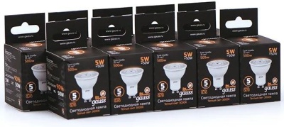 Лампа светодиодная Gauss Black 5Вт цок.:GU10 рефлек. 220B св.свеч.бел.теп. MR16 (упак.:10шт) (101506105)