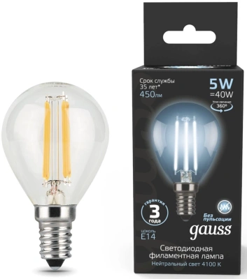 Лампа филам. Gauss Filament 5Вт цок.:E14 свеча 220B св.свеч.бел.нейт. (упак.:1шт) (105801205)