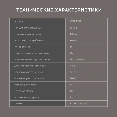 Стиральная машина Hyundai WFE9232 класс: A+++ загр.фронтальная макс.:10.5кг серый инвертор