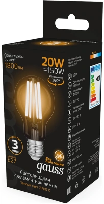 Лампа филам. Gauss Filament 102902120 20Вт цок.:E27 груша 220B св.свеч.бел.теп. (упак.:10шт)