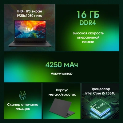 Ноутбук Digma Pro Fortis M Core i5 1334U 16Gb SSD512Gb Intel Iris Xe graphics 15.6" IPS FHD (1920x1080) Windows 11 Pro grey WiFi BT Cam 4250mAh (DN15P5-ADXW06)