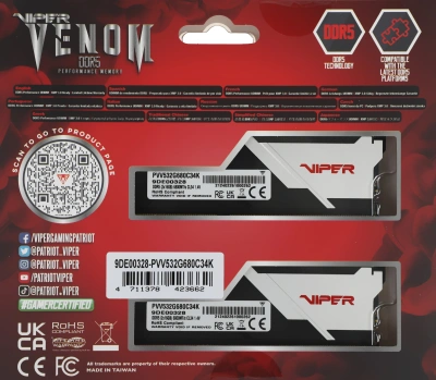 Память DDR5 2x16GB 6800MHz Patriot PVV532G680C34K Viper Venom RTL Gaming PC5-54400 CL34 DIMM UDIMM 288-pin 1.4В с радиатором Ret