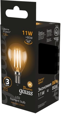 Лампа светодиодная Gauss Filament 11Вт цок.:E14 шар 220B св.свеч.бел.теп. (упак.:10шт) (105801111)
