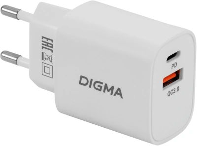 Сетевое зар./устр. Digma DGW3D 30W 3A (PD+QC) USB-C/USB-A универсальное белый (DGW3D0F110WH)