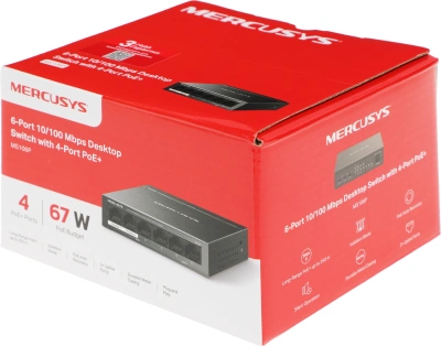 Коммутатор Mercusys MS106P (L2) 6x100Мбит/с 4PoE+ 67W неуправляемый