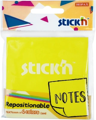 Блок самоклеящийся бумажный Stick`n 27083 76x76мм 80лист. 70г/м2 неон ассорти 4цв.в упак.