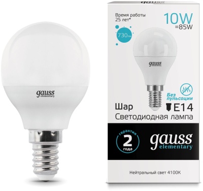 Лампа светодиодная Gauss Elementary 10Вт цок.:E14 шар 220B св.свеч.бел.нейт. (упак.:10шт) (53120)