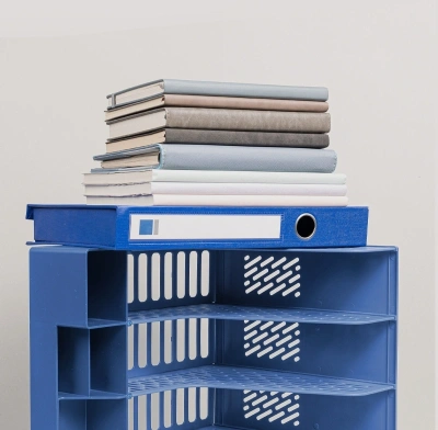Лоток вертикальный Deli E9849 BLUE 4отд. сборный для бумаг 325x320x275мм синий пластик пластиковый пакет