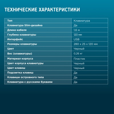 Клавиатура Оклик 300S черный USB slim LED (1696461) кабель 1.6м