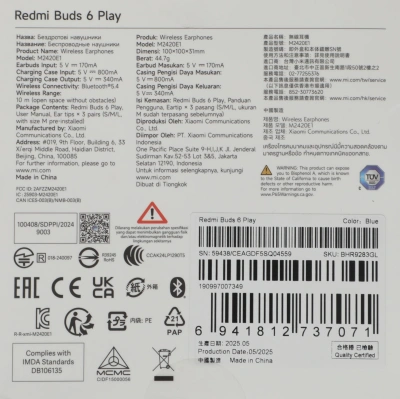 Гарнитура внутриканальные Xiaomi Redmi Buds 6 Play синий беспроводные bluetooth в ушной раковине (BHR9283GL)