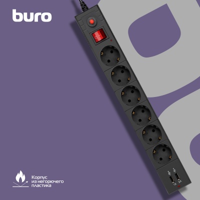 Сетевой фильтр Buro BU-SP1.8_USB_2A-W 1.8м (6 розеток) белый (коробка)