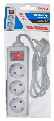 Сетевой фильтр Buro 300SL-1-G 1м (3 розетки) серый (пакет ПЭ)