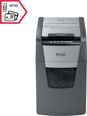 Шредер Rexel Optimum AutoFeed 150M черный с автоподачей (секр.P-5) фрагменты 150лист. 44лтр. скрепки скобы пл.карты