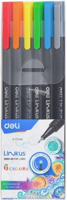 Набор ручек капилляр. Deli Linkus (EQ900-06) d=0.45мм ассор. черн. игловидный пиш. наконечник линия 0.45мм 6цв.