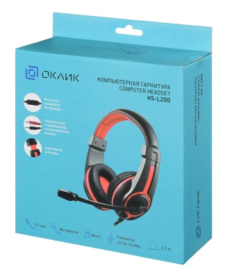 Наушники с микрофоном Оклик HS-L200 черный/красный 2.2м накладные оголовье (359484)
