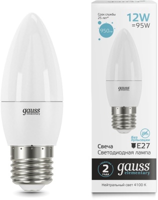 Лампа светодиодная Gauss Elementary 30222 12Вт цок.:E27 свеча 220B св.свеч.бел.нейт. (упак.:10шт)