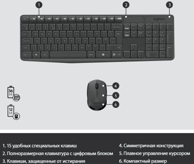 Клавиатура + мышь Logitech MK235 клав:серый мышь:серый/черный USB беспроводная Multimedia (920-007949)