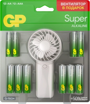 Батарея GP Super 15A/24A/FANWETA21-2CRSBC24 AA/AAA (промо:Вентилятор в подарок) (24шт) блистер