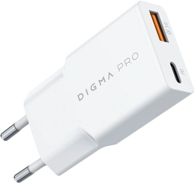 Сетевое зар./устр. Digma Pro DPW2A 20W 3A (PD+QC) USB-C/USB-A универсальное белый (DPW2A2GX11WH)