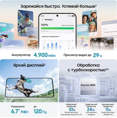 Смартфон Samsung SM-S741B Galaxy S26 FE 256Gb 8Gb фиолетовый моноблок 3G 4G 2Sim 6.7" 1080x2340 Android 17 50Mpix 802.11 a/b/g/n/ac/ax NFC GPS Protect