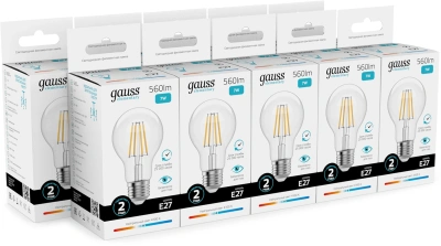 Лампа филам. Gauss Filament 7Вт цок.:E27 груша 220B св.свеч.бел.нейт. (упак.:10шт) (22227)