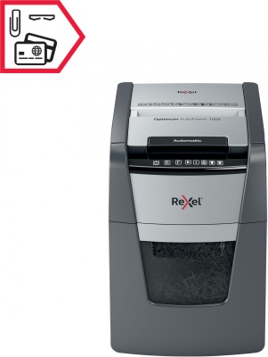 Шредер Rexel Optimum AutoFeed 100X черный с автоподачей (секр.P-4) фрагменты 100лист. 34лтр. скрепки скобы пл.карты