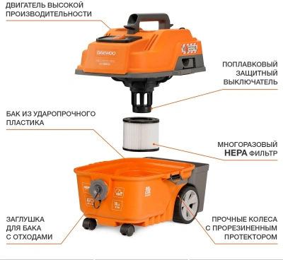 Строительный пылесос Daewoo DAVC 2000 Home 1500Вт (уборка: сухая/влажная/выдув/сбор воды) оранжевый