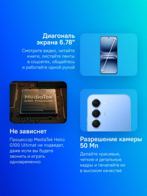 Смартфон Tecno Spark 40 Pro 256Gb 8Gb синий моноблок 3G 4G 2Sim 6.78" 1224x2720 Android 15 50Mpix 802.11 a/b/g/n/ac/ax NFC GPS GSM900/1800 Protect FM