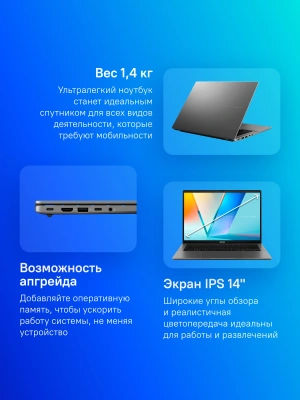 Ноутбук Asus VivoBook S14 S3407CA-LY097 Core Ultra 5 225H 16Gb SSD512Gb Intel Graphics 14" IPS WUXGA (1920x1200) без ОС grey WiFi BT Cam (90NB16J2-M00760)