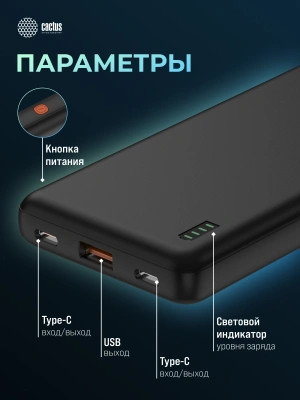 Мобильный аккумулятор Cactus CS-PBFSAA-10000 10000mAh 22.5W 4.5A USB-A/2xUSB-C черный