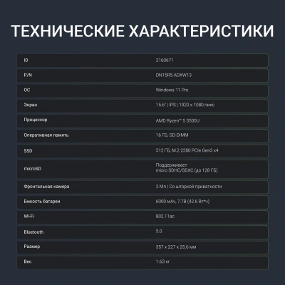 Ноутбук Digma Nova Ryzen 5 3500U 16Gb SSD512Gb AMD Radeon Vega 8 15.6" IPS FHD (1920x1080) Windows 11 Pro grey WiFi BT Cam 6000mAh (DN15R5-ADXW13)