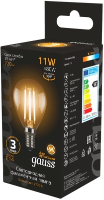 Лампа светодиодная Gauss Filament 11Вт цок.:E14 шар 220B св.свеч.бел.теп. (упак.:10шт) (105801111)