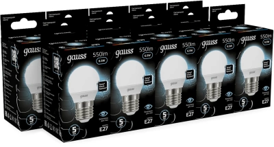 Лампа светодиодная Gauss 6.5Вт цок.:E27 шар 220B св.свеч.бел.нейт. P45 (упак.:10шт) (105102207)