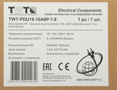 Блок распределения питания Lanmaster TWT-PDU19-10A8P-1.8 гор.размещ. 8xSchuko базовые 10A Schuko 1.8м