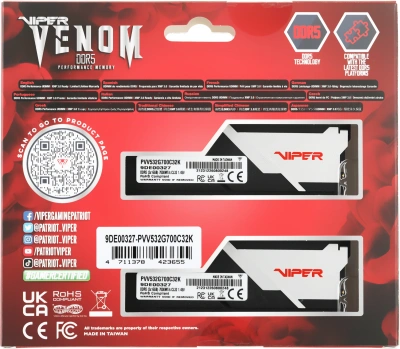 Память DDR5 2x16GB 7000MHz Patriot PVV532G700C32K Viper Venom RTL Gaming PC5-56000 CL32 DIMM UDIMM 288-pin 1.45В kit с радиатором Ret
