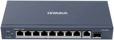 Коммутатор HiWatch DS-S1008GP (L2) 8x100Мбит/с 2x1Гбит/с 1SFP 8PoE 58W неуправляемый
