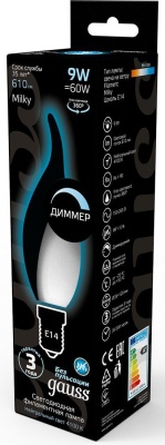 Лампа светодиодная Gauss Filament 104201209-D 9Вт цок.:E14 свеча 220B св.свеч.бел.нейт. (упак.:10шт)