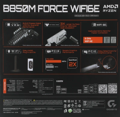 Материнская плата Gigabyte B850M FORCE WIFI6E Socket AM5 AMD B850 2xDDR5 mATX AC`97 8ch(7.1) 2.5Gg RAID+HDMI+DP