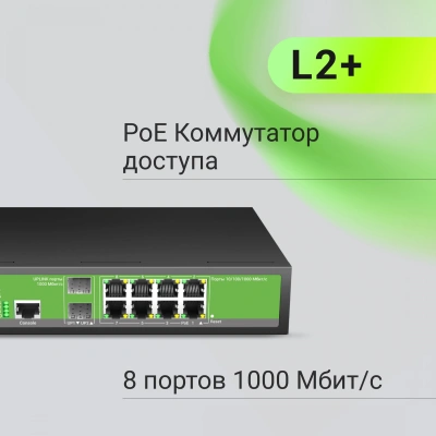 Коммутатор Digma DSP708G-2S-T135 (L2+) 8x1Гбит/с 2SFP 8PoE 8PoE+ 135W управляемый