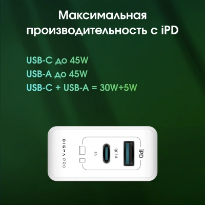 Сетевое зар./устр. Digma Pro DPW4A 45W 3A (PD+QC) USB-C/USB-A универсальное белый (DPW4A5GX11WH)