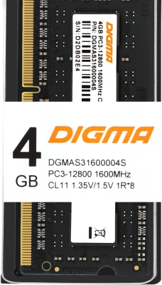 Память DDR3 4GB 1600MHz Digma DGMAS31600004S RTL PC3-12800 CL11 SO-DIMM 204-pin 1.35В single rank Ret
