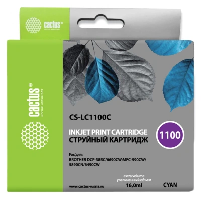 Картридж струйный Cactus CS-LC1100C голубой (16мл) для Brother DCP-385c/6690cw/MFC-990/5890/5895/6490 с чипом