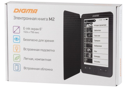 Электронная книга Digma M2 6" E-ink HD Pearl 758x1024 600MHz 128Mb/4Gb/SD/microSDHC/подсветка дисплея темно-серый (в компл.:обложка)