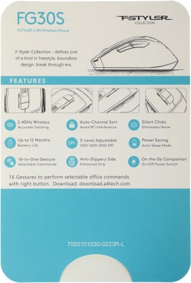 Мышь A4Tech Fstyler FG30S серый/оранжевый оптическая 2000dpi silent беспров. USB 6but (FG30S ORANGE)